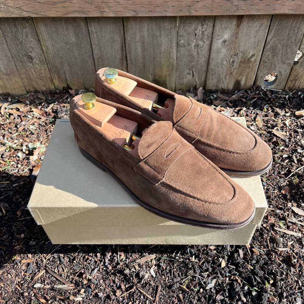 Velasca Pattee Unlined Brown Suede Loafers 44.5 EU
